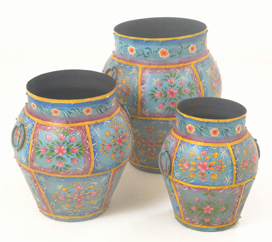 Set of 3 painted iron pots - Blue